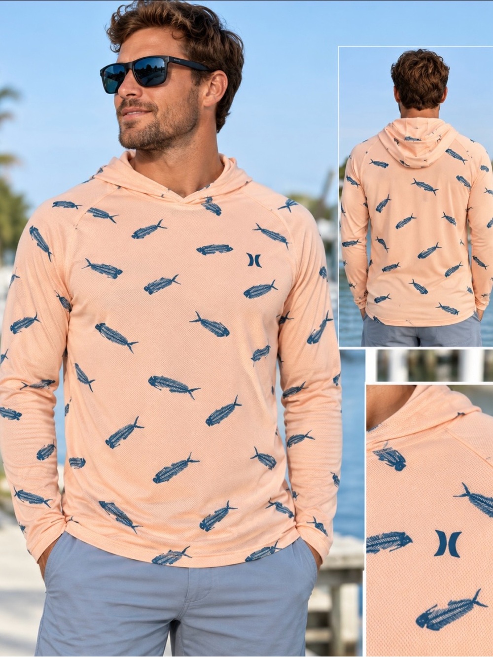 Hurley Peach Hooded Long-Sleeve Shirt with Navy Fish Print
